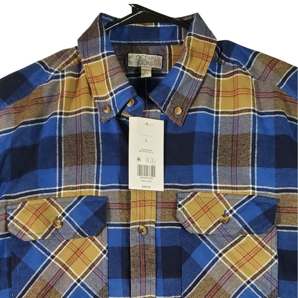 Ocean Coast Men's Long Sleeve Plaid Flannel Shirt Button Down‎ Blue Brown Large